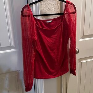 Chic Red Sheer Sleeve Blouse